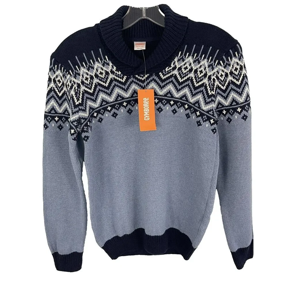 NWT Gymboree Boys L 10/12 Shawl Collar Fair Isle Preppy Holiday Sweater Blue